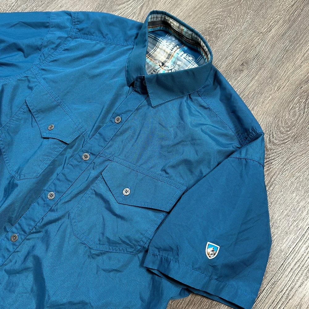 KUHL Eluxur Shirt Small Blue Short Sleeve Button Down Technical Hiking Outdoor
